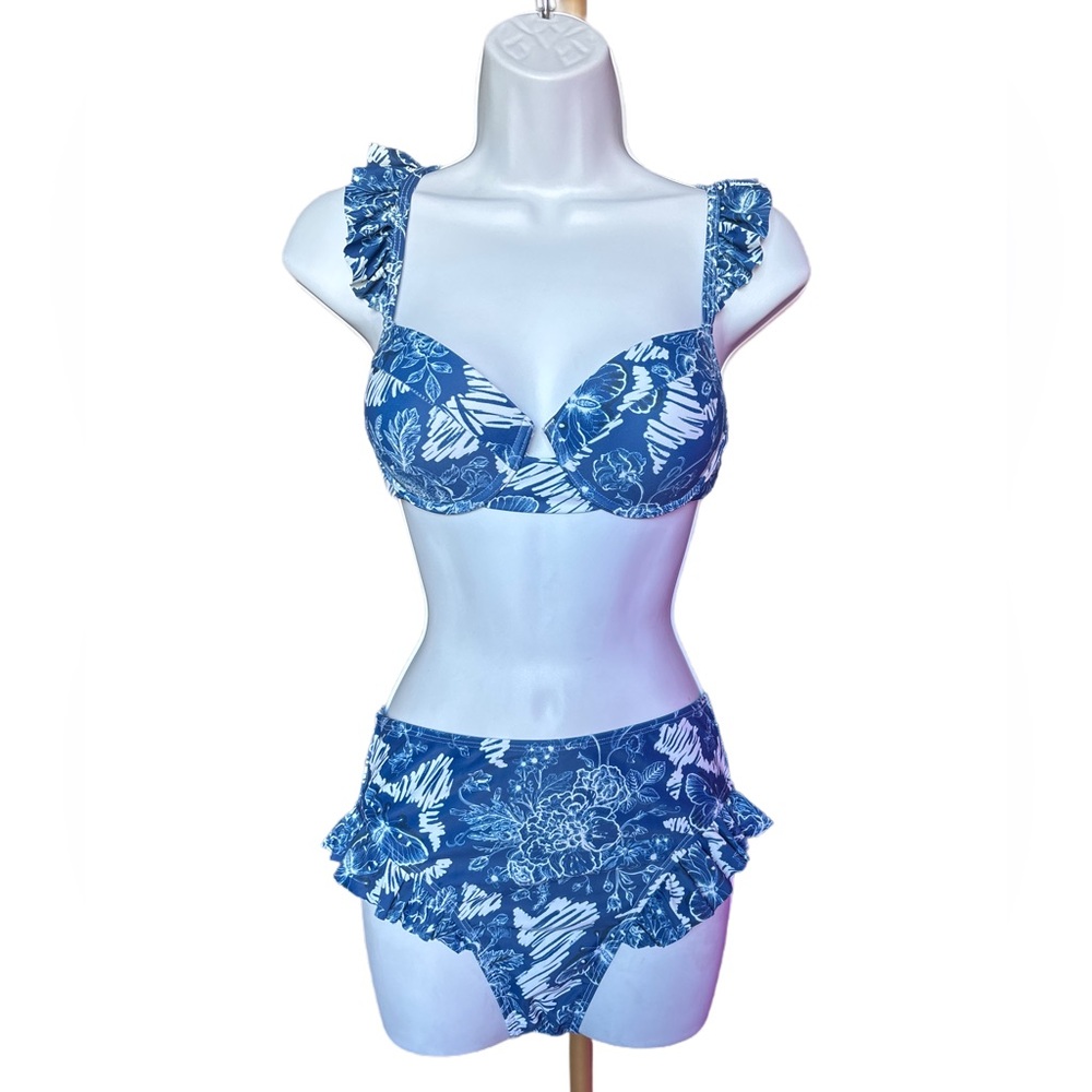 DAVI & DANI Blue Patterned Ruffle Bikini